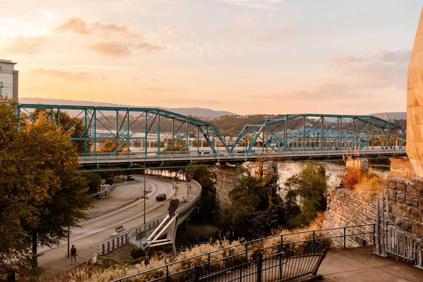 Walnut Street Bridge and the Chattanooga riverfront at sunset