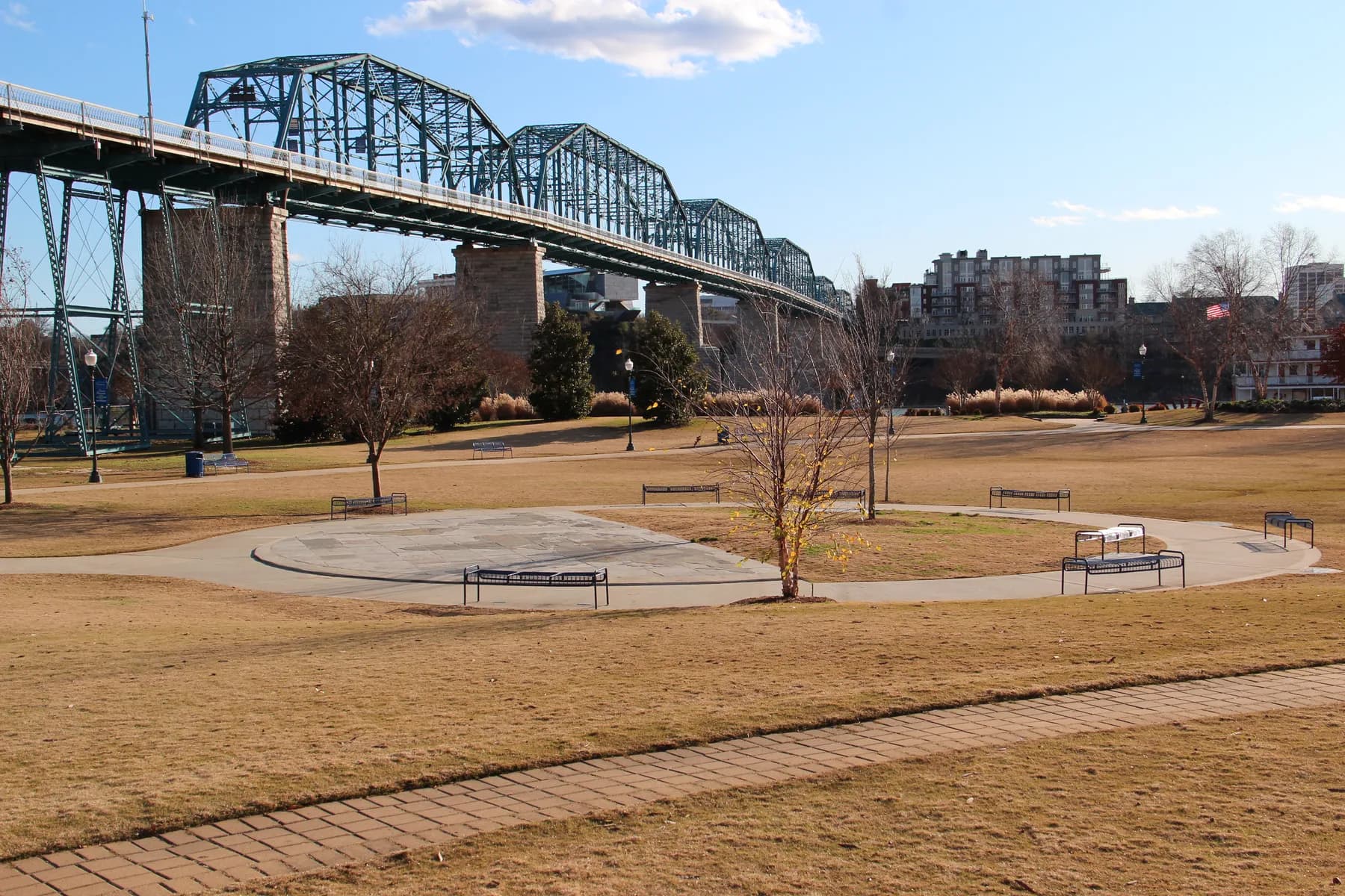 Coolidge Park lawns and pathways beneath Walnut Street Bridge in Chattanooga