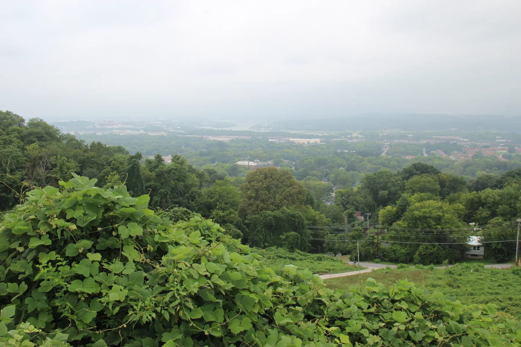 Leafy hillside and a hazy view over Chattanooga from Missionary Ridge